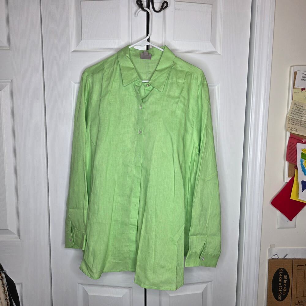 J. Jill Lime Green Linen 100% Linen Buttondown Blouse NWOT Sz Large - Picture 2 of 6